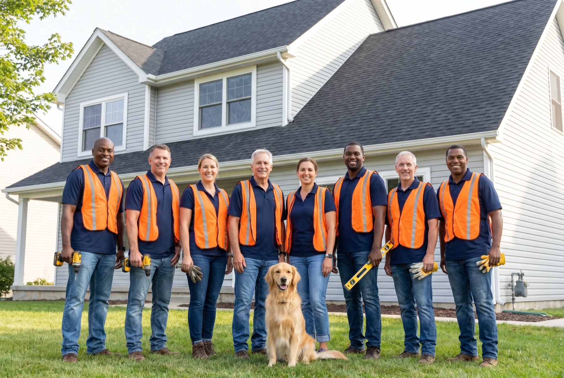 The Good Boy Roofing crew in branded polos and safety vests, with a golden retriever